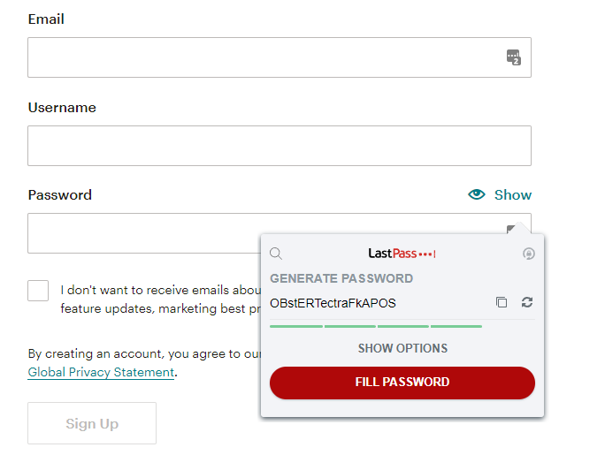 lastpass password generator at new registration