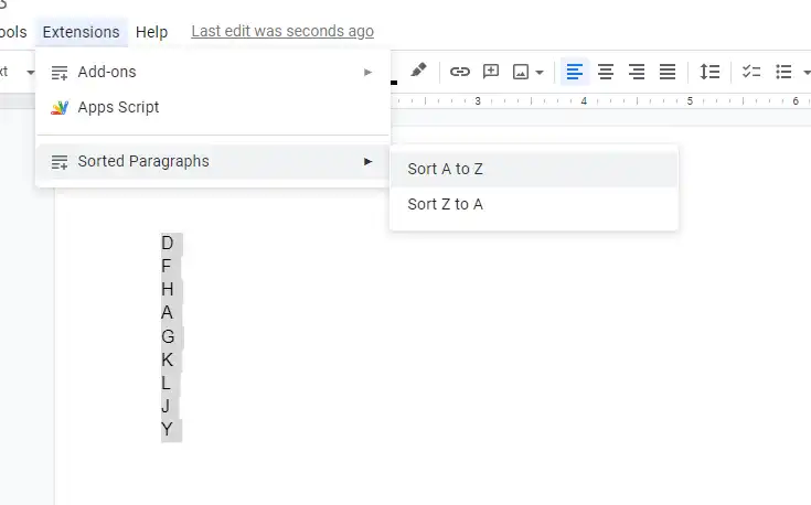 using sorted paragraphs to Alphabetize in Google Docs